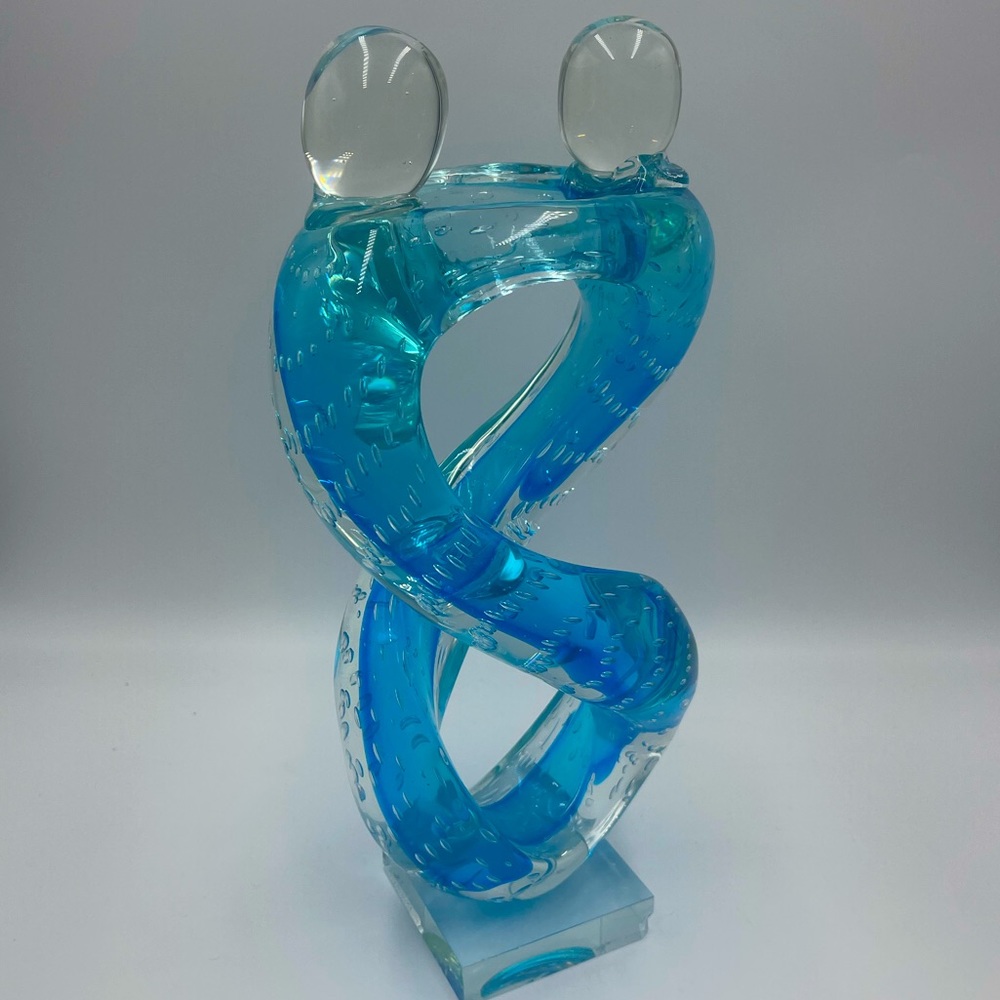 GCA: “Lovers Embrace”  Blue Hand Blown Art Glass Sculpture of Couple on Pedestal